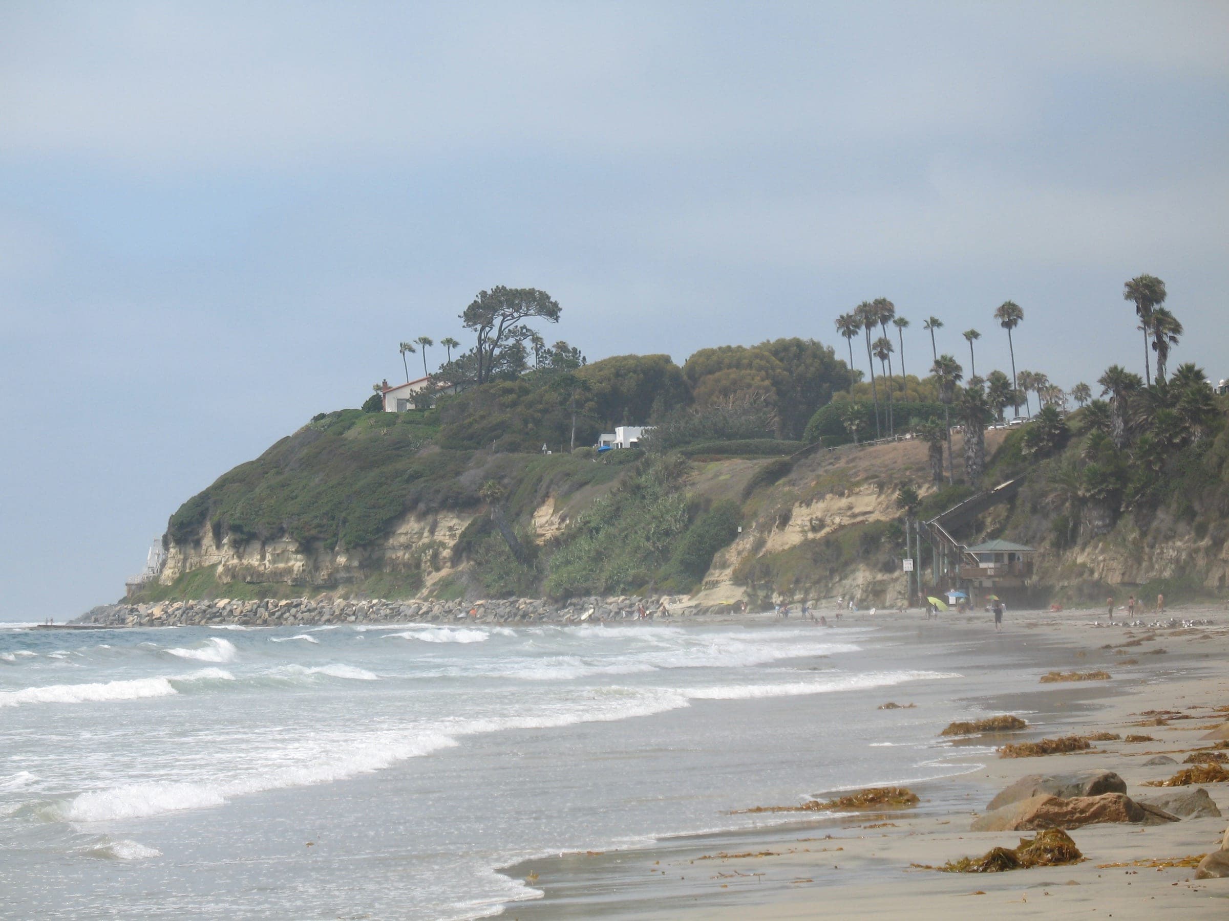 Swami's point in Encinitas, with Self-Realization Fellowship buildings and palms on the bluff above the beach