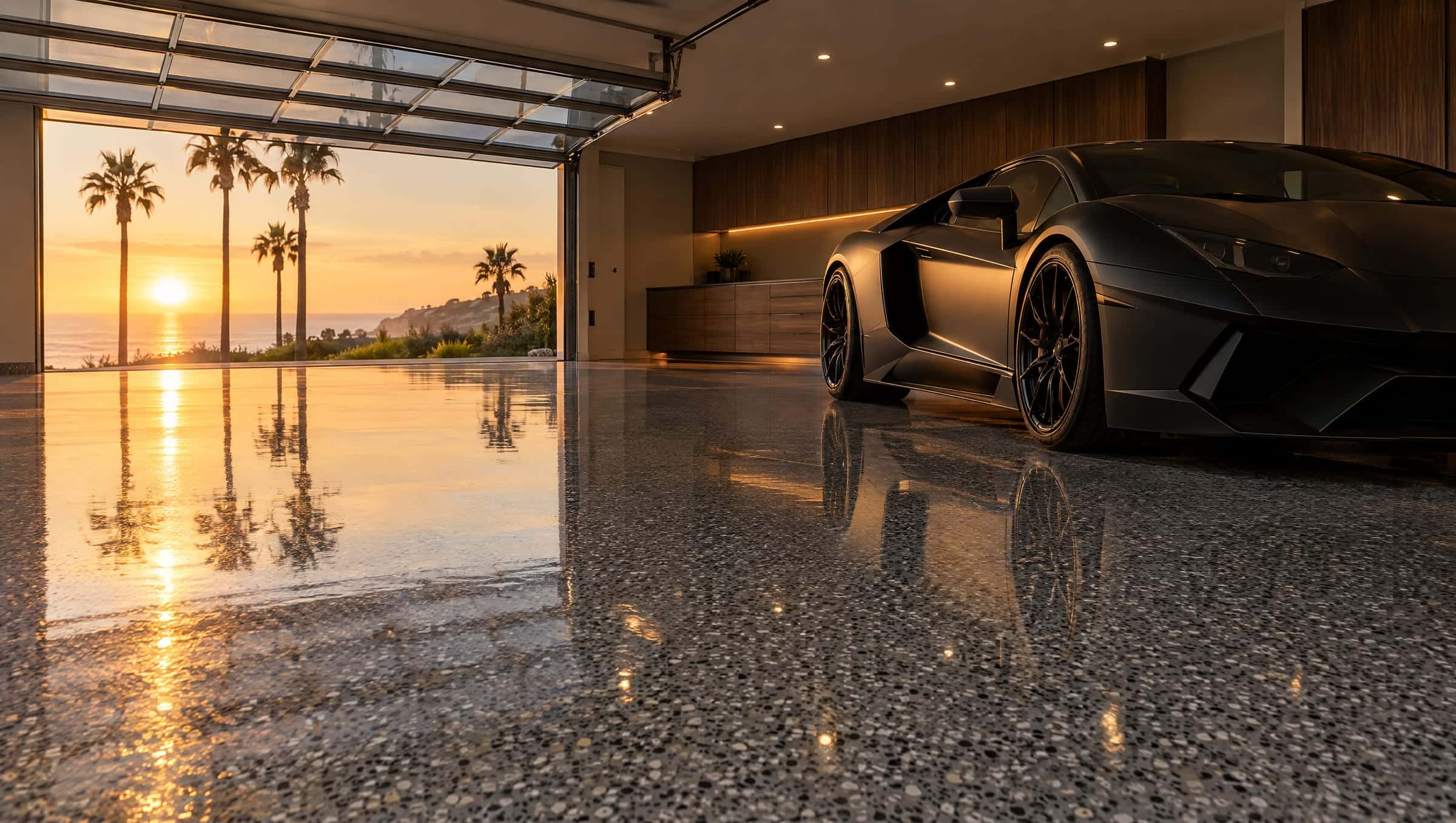 Luxury coastal garage with a high-gloss gray flake epoxy floor reflecting an ocean sunset, a black sports car parked inside