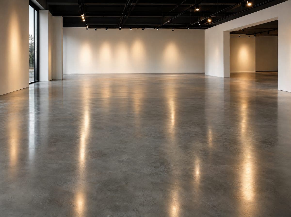 Empty modern showroom with a semi-polished gray concrete floor reflecting warm lights
